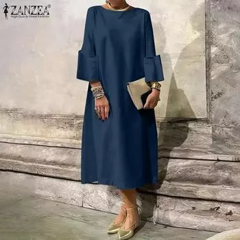 ZANZEA Женское повседневное однотонное свободное длинное платье с круглым вырезом и рукавом 3/4 M белый