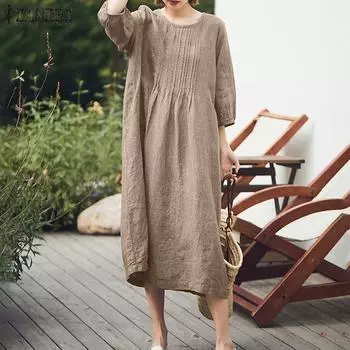 ZANZEA Женское повседневное однотонное свободное летнее длинное платье с рукавами 3/4 и круглым вырезом