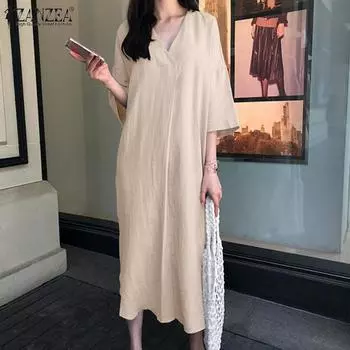 ZANZEA Женское повседневное однотонное свободное летнее платье с рукавами 3/4 и v-образным вырезом