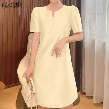 ZANZEA Женское повседневное однотонное свободное летнее платье с коротким рукавом S абрикосовый