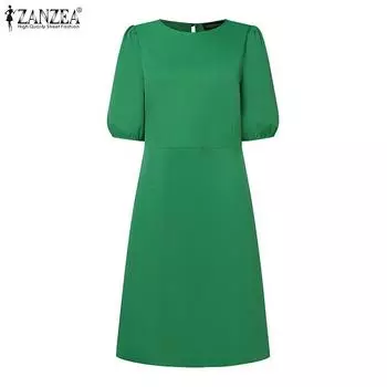 ZANZEA Женское повседневное однотонное свободное платье с круглым вырезом и коротким рукавом 5XL темно-синий