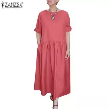 ZANZEA Женское повседневное однотонное свободное платье с коротким рукавом и круглым вырезом