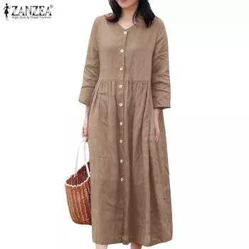 ZANZEA Женское повседневное однотонное свободное платье с круглым вырезом и рукавами 3/4 3XL темно-синий