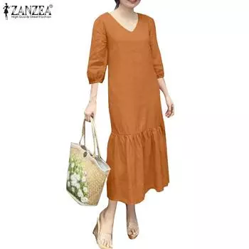 ZANZEA Женское повседневное однотонное свободное платье с v-образным вырезом и рукавами 3/4