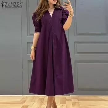 ZANZEA Женское повседневное однотонное свободное платье с v-образным вырезом и коротким рукавом M фиолетовый