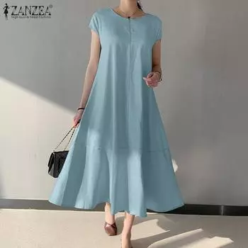 ZANZEA Женское повседневное однотонное свободное платье с коротким рукавом и круглым вырезом