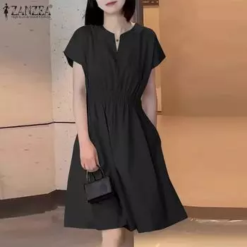 ZANZEA Женское повседневное однотонное свободное платье с v-образным вырезом и коротким рукавом