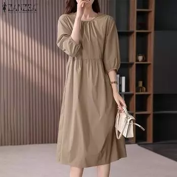 ZANZEA Женское повседневное однотонное свободное платье с круглым вырезом и рукавами 3/4