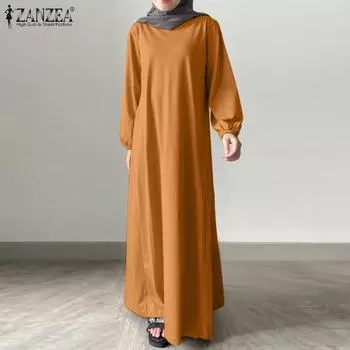 ZANZEA Женское повседневное однотонное свободное платье с круглым вырезом и длинными рукавами
