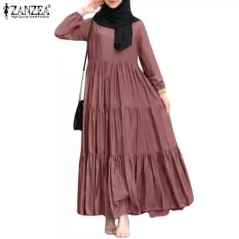 ZANZEA Женское повседневное однотонное свободное платье с круглым вырезом и длинными рукавами S зелёный