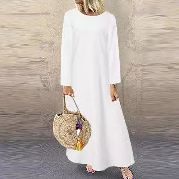 ZANZEA Женское повседневное однотонное свободное платье с круглым вырезом и длинными рукавами