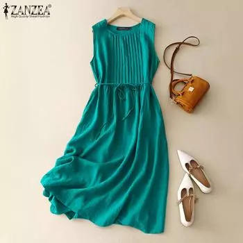 ZANZEA Женское повседневное однотонное свободное платье без рукавов с круглым вырезом S розовый