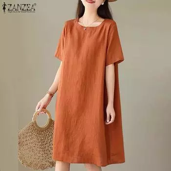 ZANZEA Женское повседневное однотонное свободное платье с коротким рукавом и круглым вырезом