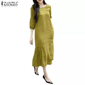 ZANZEA Женское повседневное однотонное свободное платье с круглым вырезом и рукавами 3/4 3XL жёлтый