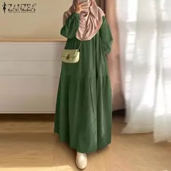 ZANZEA Женское повседневное однотонное свободное платье с круглым вырезом и длинными рукавами S зелёный