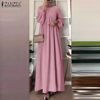 ZANZEA Женское повседневное однотонное свободное платье с круглым вырезом и длинными рукавами S розовый