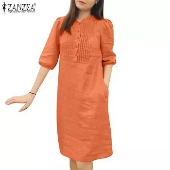 ZANZEA Женское повседневное однотонное свободное платье с круглым вырезом и половиной рукава M зелёный