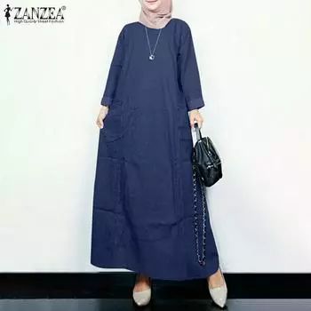 ZANZEA Женское повседневное однотонное свободное платье с круглым вырезом и длинными рукавами S светло-синий