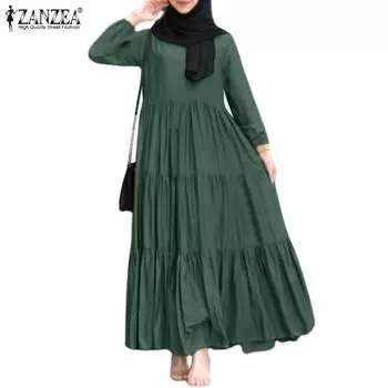 ZANZEA Женское повседневное однотонное свободное платье с круглым вырезом и длинными рукавами S зелёный