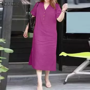 ZANZEA Женское повседневное однотонное свободное платье с v-образным вырезом и коротким рукавом S камео розовый