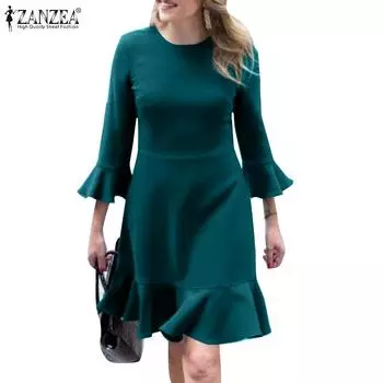 ZANZEA Женское повседневное офисное женское платье с круглым вырезом и оборками на рукавах