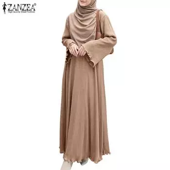 ZANZEA Женское повседневное осеннее длинное платье с круглым вырезом и расклешенными рукавами