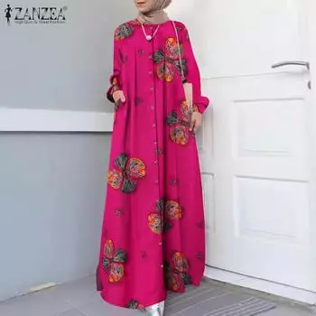 ZANZEA Женское повседневное осеннее длинное платье с длинным рукавом и круглым вырезом с цветочным принтом