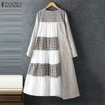 ZANZEA Женское повседневное платье А-силуэта с круглым вырезом и длинными рукавами в клетку в стиле пэчворк M красный