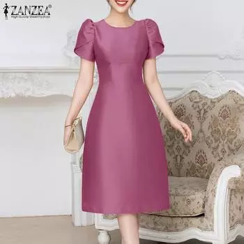 ZANZEA Женское повседневное платье А-силуэта с круглым вырезом и коротким рукавом S темно-розовый