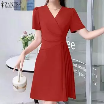 ZANZEA Женское повседневное платье А-силуэта с V-образным вырезом и короткими рукавами M чёрный