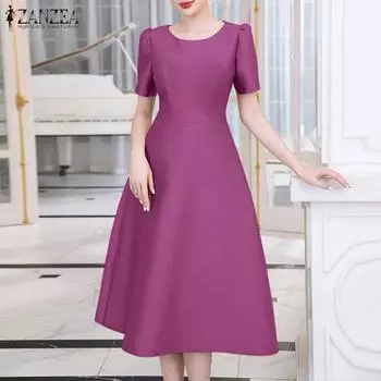 ZANZEA Женское повседневное платье А-силуэта с круглым вырезом и короткими рукавами на лето 4XL кларет