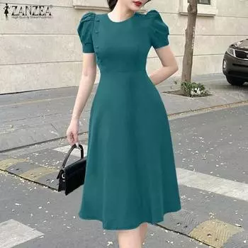 ZANZEA Женское повседневное платье А-силуэта с круглым вырезом и короткими рукавами на лето чёрный