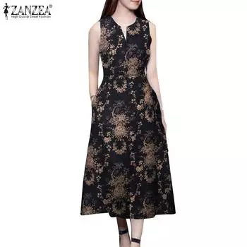 ZANZEA Женское повседневное платье без рукавов с v-образным вырезом и принтом