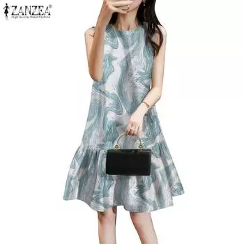 ZANZEA Женское повседневное платье без рукавов с круглым вырезом и принтом