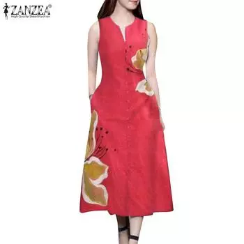 ZANZEA Женское повседневное платье без рукавов с v-образным вырезом и принтом 3XL синий