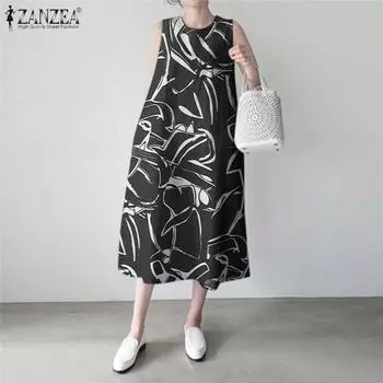 ZANZEA Женское повседневное платье без рукавов с круглым вырезом и принтом 4XL зелёный