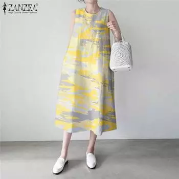 ZANZEA Женское повседневное платье без рукавов с круглым вырезом и принтом