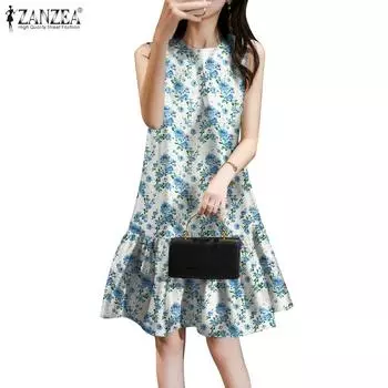 ZANZEA Женское повседневное платье без рукавов с круглым вырезом и цветочным принтом 3XL розовый
