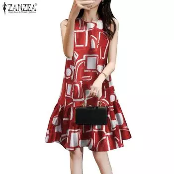 ZANZEA Женское повседневное платье без рукавов с круглым вырезом и принтом 4XL красный