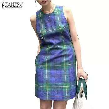 ZANZEA Женское повседневное платье без рукавов в клетку с круглым вырезом и принтом 5XL синий
