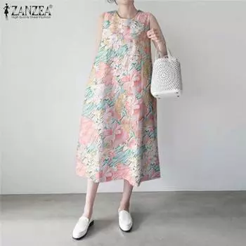 ZANZEA Женское повседневное платье без рукавов с круглым вырезом и цветочным принтом 4XL синий