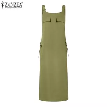 ZANZEA Женское повседневное платье без рукавов с квадратным вырезом и подтяжками 5XL чёрный