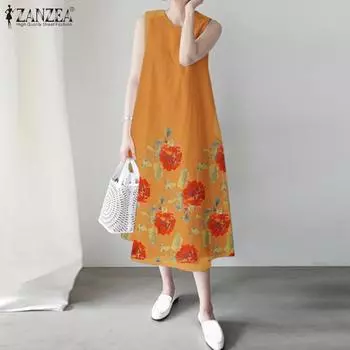 ZANZEA Женское повседневное платье без рукавов с круглым вырезом и принтом