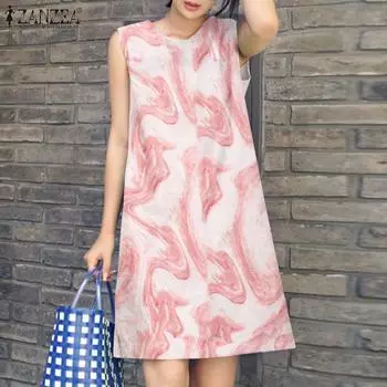 ZANZEA Женское повседневное платье без рукавов с круглым вырезом и принтом