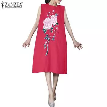 ZANZEA Женское повседневное платье без рукавов с круглым вырезом и цветочным принтом 2XL жёлтый