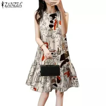 ZANZEA Женское повседневное платье без рукавов с круглым вырезом и принтом