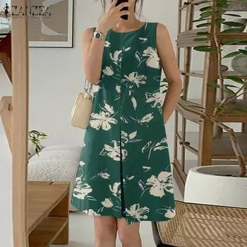 ZANZEA Женское повседневное платье без рукавов с круглым вырезом и принтом