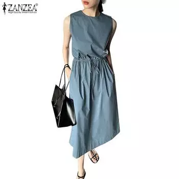ZANZEA Женское повседневное платье без рукавов с круглым вырезом и шнурком 5XL синий