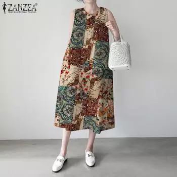 ZANZEA Женское повседневное платье без рукавов с круглым вырезом и принтом 4XL зелёный