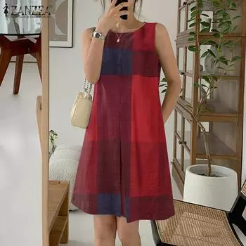 ZANZEA Женское повседневное платье без рукавов в клетку с круглым вырезом и принтом 4XL коричневый